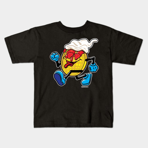 Happy Smiling Waffle Mascot strutting with Strawberries, strawberry syrup and whipped cream Kids T-Shirt by eShirtLabs